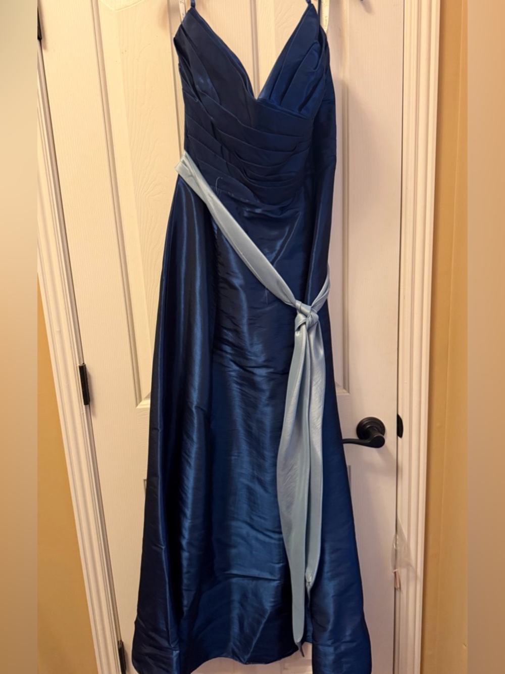 Navy Satin V-Neck Prom Dress with Light Blue Sash